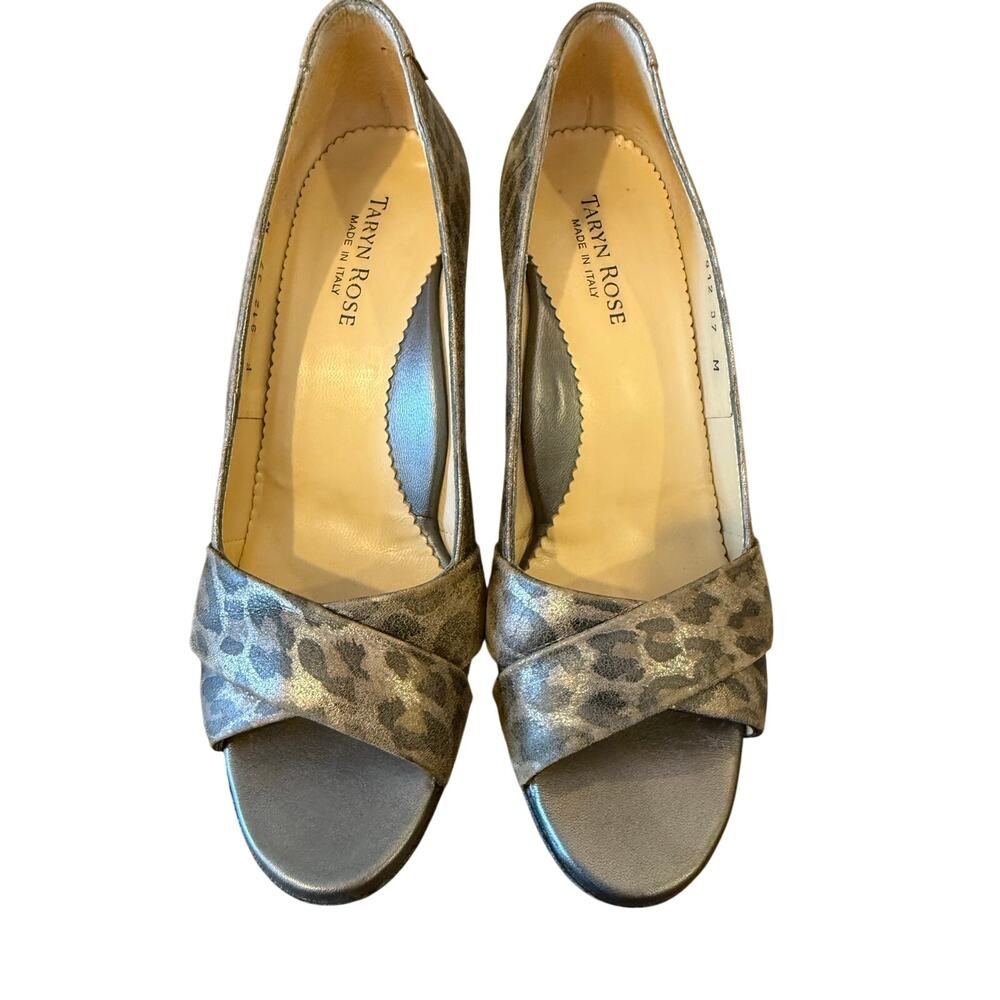 TARYN ROSE Leopard Metallic Open Toe Pump Heels Women 37  US 7 made in Italy